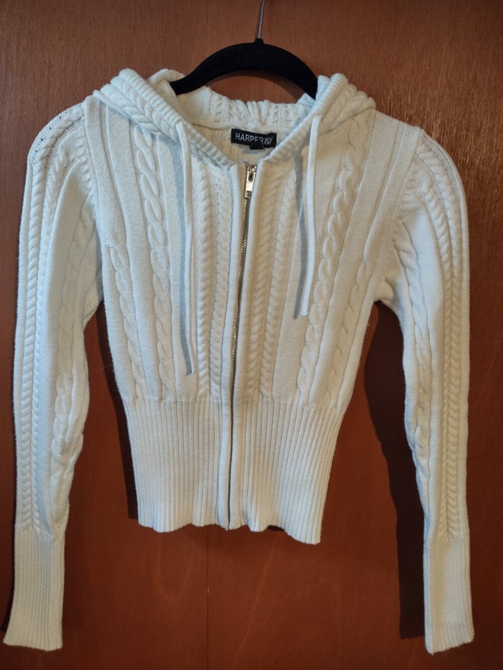 Harper & Ivy Cable Knit Zip Up Hoodie Sweater Cream Fitted Cropped Cozy Women’s